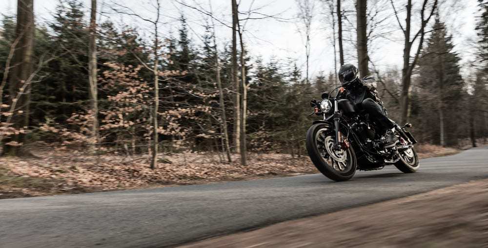 Man-riding-motorcycle-on-road-near-woods