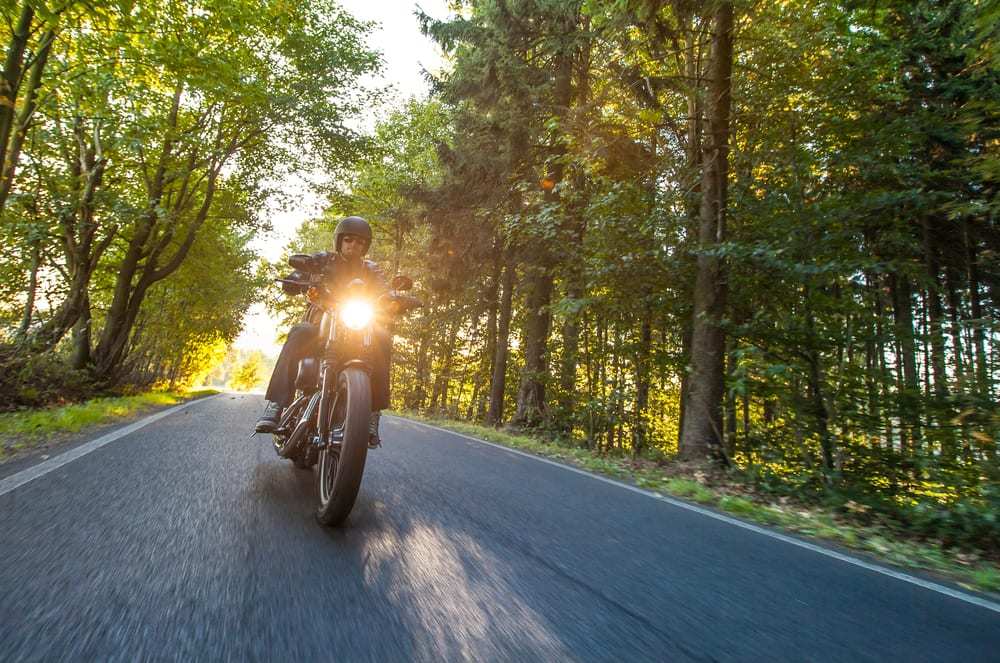 Motorcyclist driving on wooded road with light on