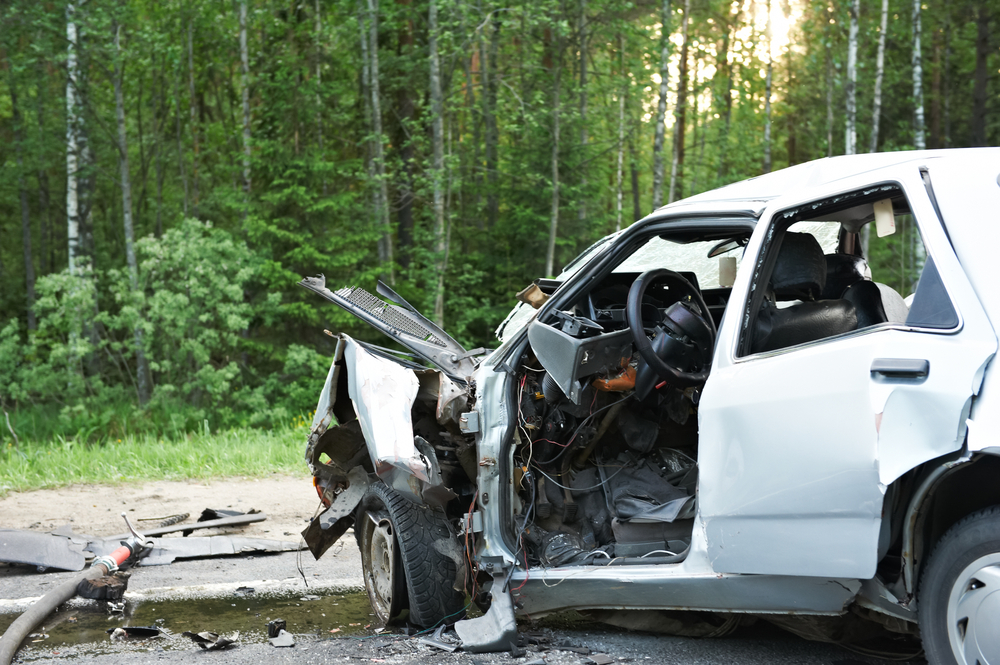 Smashed up car in front of green forest