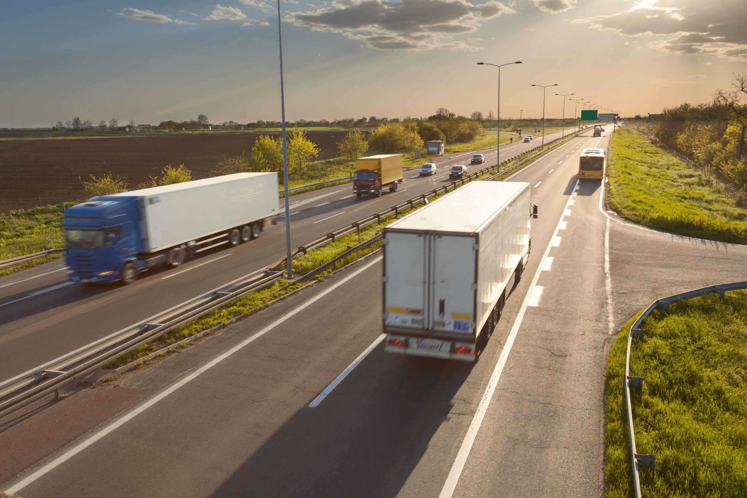 Overhead shot of highway with semitrucks and other vehicles