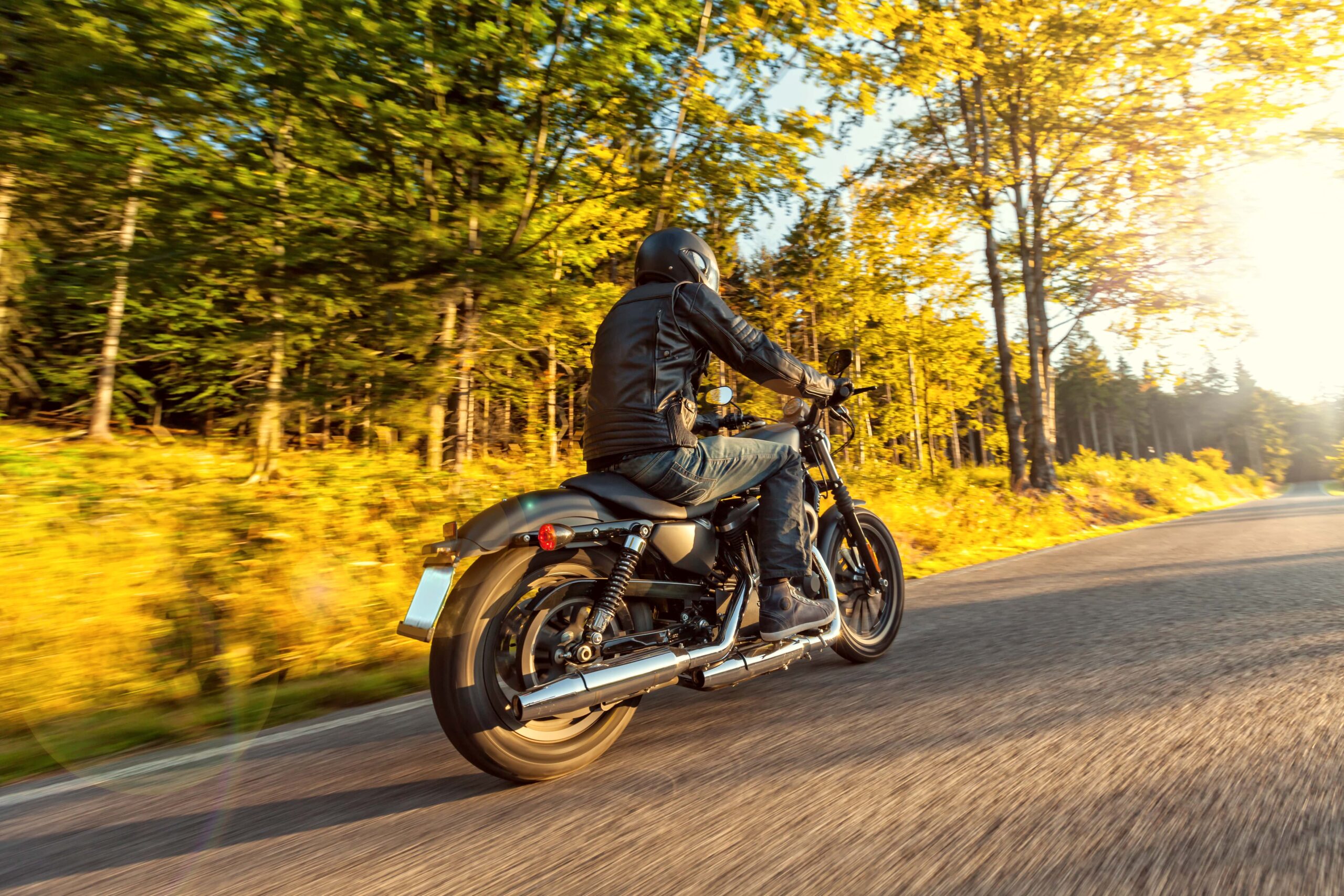 Motorcycle rider driving on road in autumn