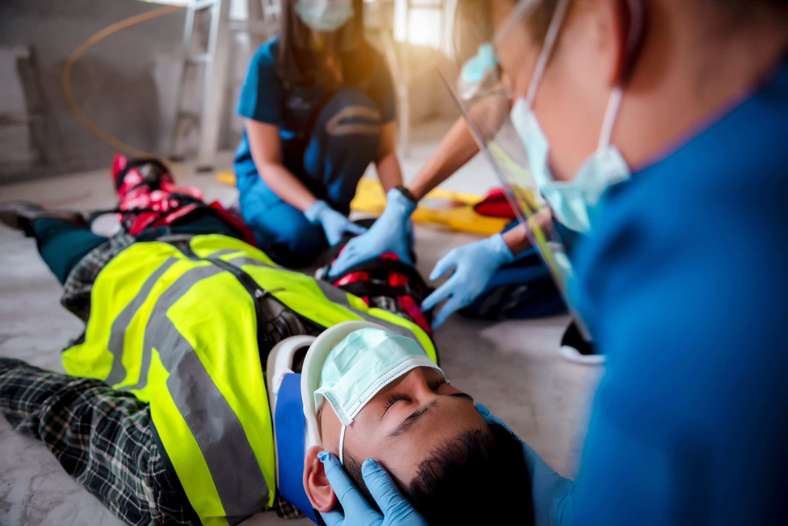 Man injured at work, lying on ground, being helped by emergency response team