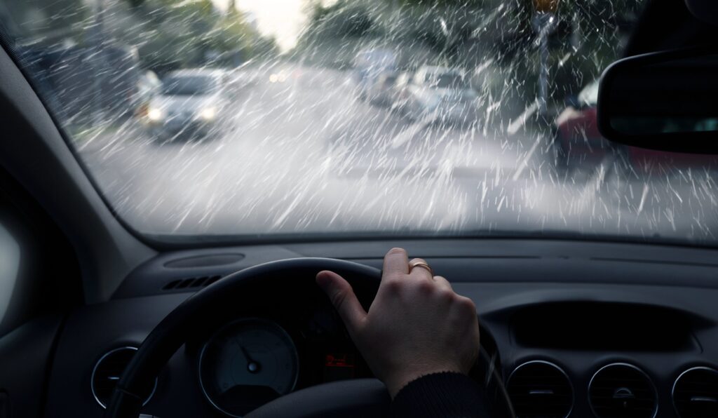 Rainy car windshield, car on road