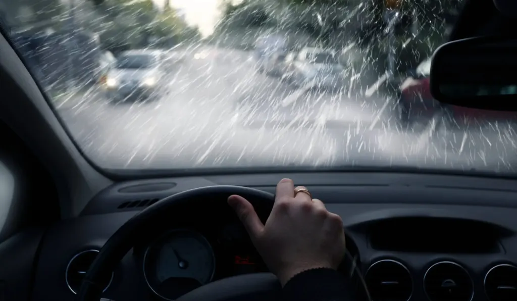 Rainy car windshield, car on road