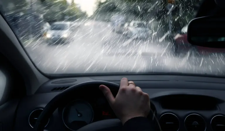 Rainy car windshield, car on road